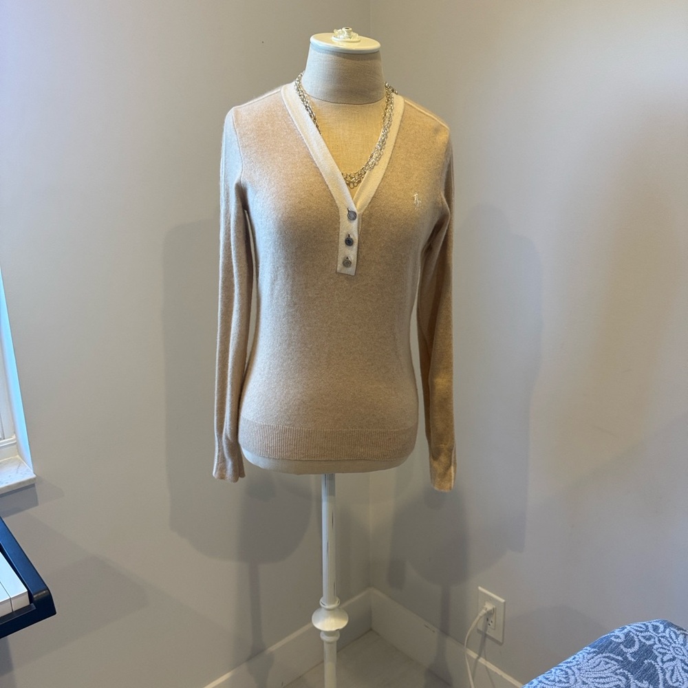 Ralph Lauren Cream V-Neck Sweater with Button Accents